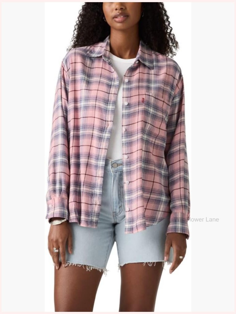 Long Sleeve Flannel Button Down Shirt - Woven Cotton - Relaxed Fit - Point